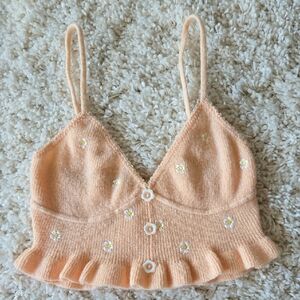 For Love And Lemons Peach Floral Knit Crop Top